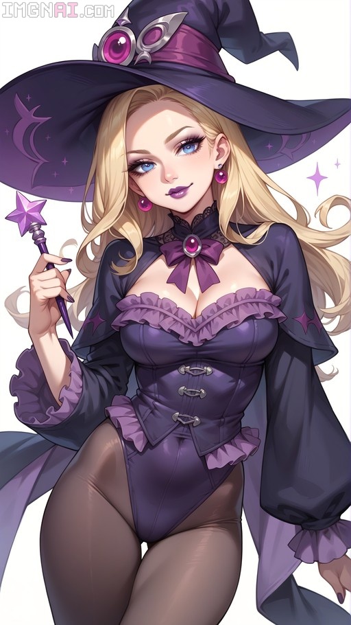 Blonde anime witch in a purple frilled leotard and large hat holding a star wand.