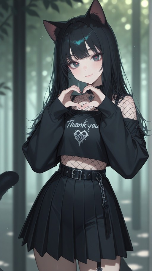 An anime-style catgirl with long black hair and ears stands in a forest, smiling and making a heart shape with her hands while wearing a black outfit with fishnet details.