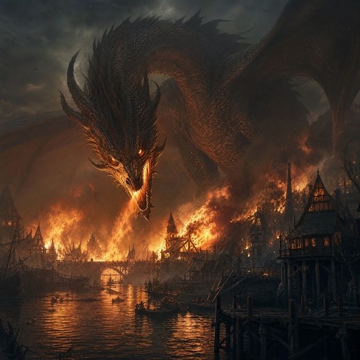 A massive dark-scaled western dragon hovers low over a burning medieval harbor, breathing a stream of fire onto wooden buildings and ships while small boats float in the foreground.
