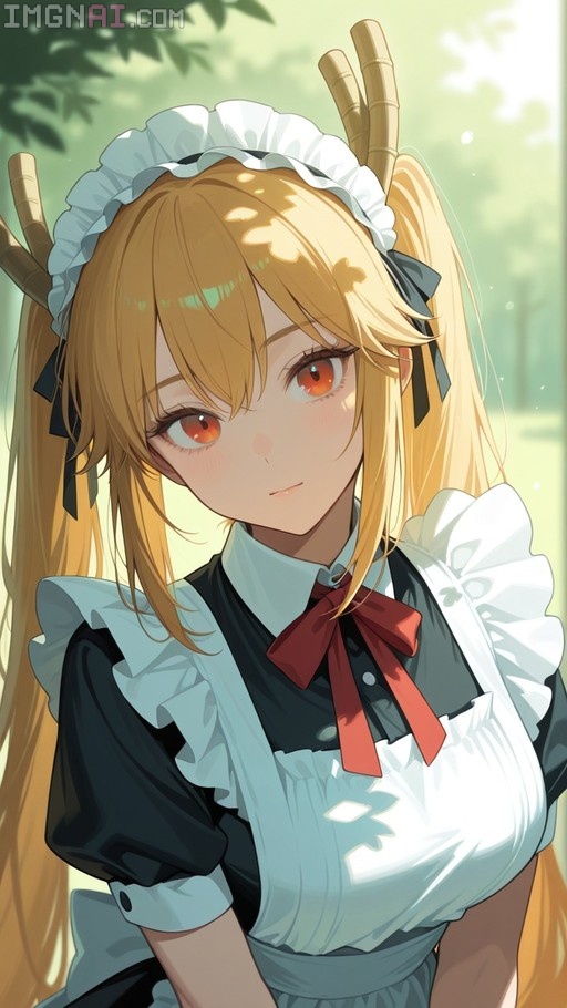 Tohru from Miss Kobayashi's Dragon Maid with blonde twintails and dragon horns wearing a black dress and white apron.