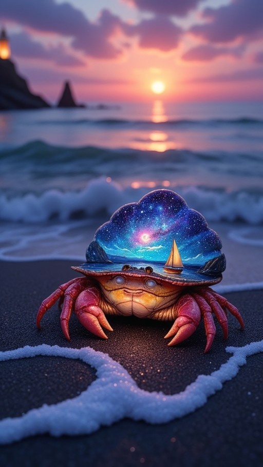 A smiling red crab stands on a dark sandy beach at sunset, its shell depicting a miniature starry night sky with a glowing galaxy and a small sailboat.