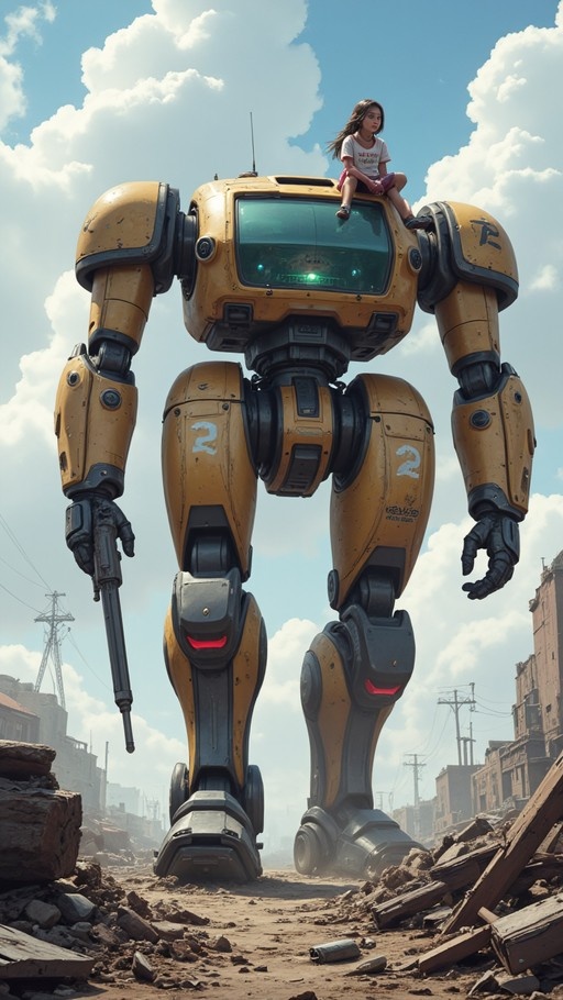A young girl with long brown hair sits atop the head of a large yellow bipedal robot holding a rifle, standing in a ruined city street under a cloudy blue sky.