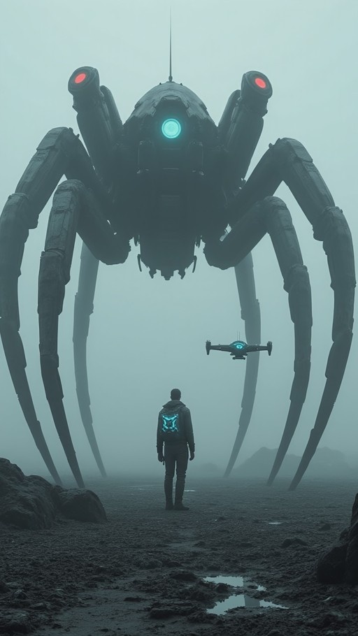 A lone figure stands facing a massive mechanical spider robot with glowing red and blue lights in a misty, desolate landscape.