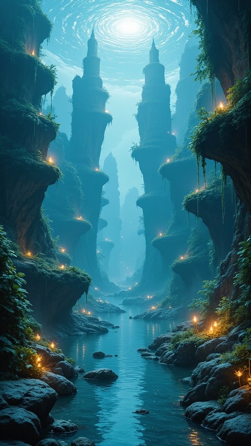 A fantasy landscape showing a river flowing through a canyon with tall rock spires and glowing lights under a swirling sky.