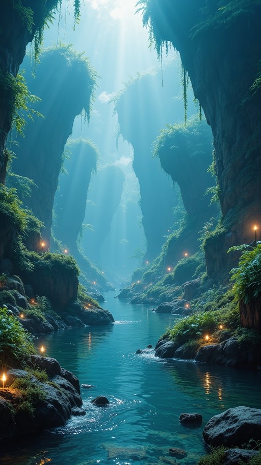 A winding river flows through a deep, moss-covered canyon illuminated by beams of sunlight streaming from above, with small glowing lights lining the rocky banks.