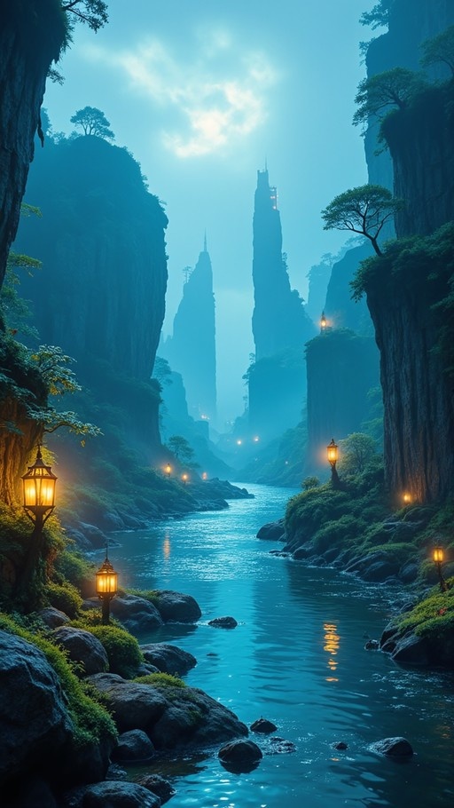 A fantasy landscape showing a river flowing through a misty canyon with tall cliffs and distant spires, illuminated by glowing lanterns along the shore.