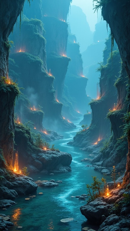 A deep canyon with steep cliffs covered in moss and illuminated by small fires along the rock ledges above a flowing river.