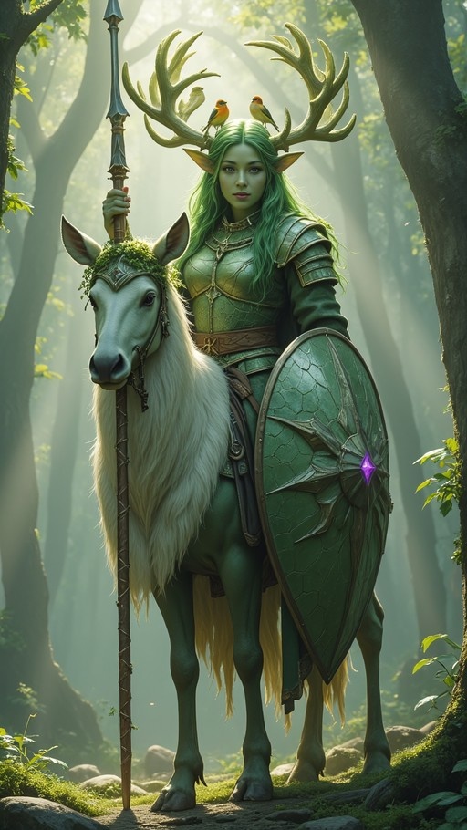 A green-skinned female centaur with large antlers and elf ears stands in a forest holding a spear and shield, with two birds perched on her antlers.