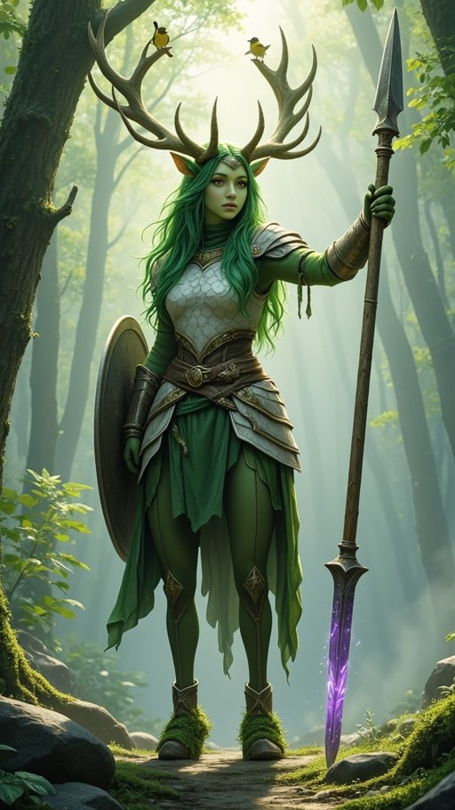 Green-skinned warrior with large deer antlers stands in a misty forest holding a glowing spear and shield, with birds perched on her head.
