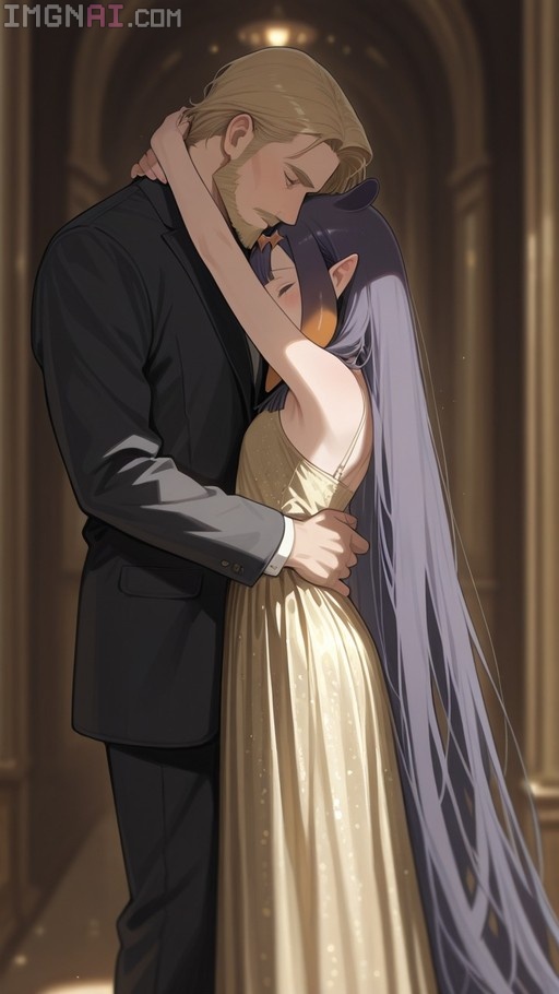 Ninomae Ina'nis hugging a man in a black suit while wearing a gold dress.