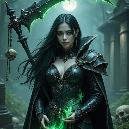 A dark fantasy warrior woman with long black hair and blue eyes stands in a misty graveyard at night, wearing ornate black armor with green gems and wielding a large scythe that glows with green energy.