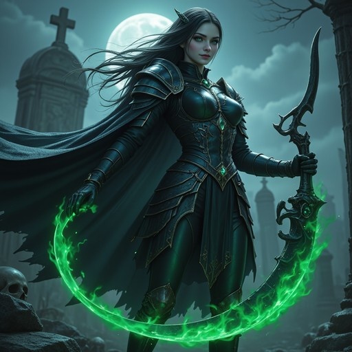 A dark-haired elven warrior in black armor holds a large glowing green scythe in a moonlit graveyard.