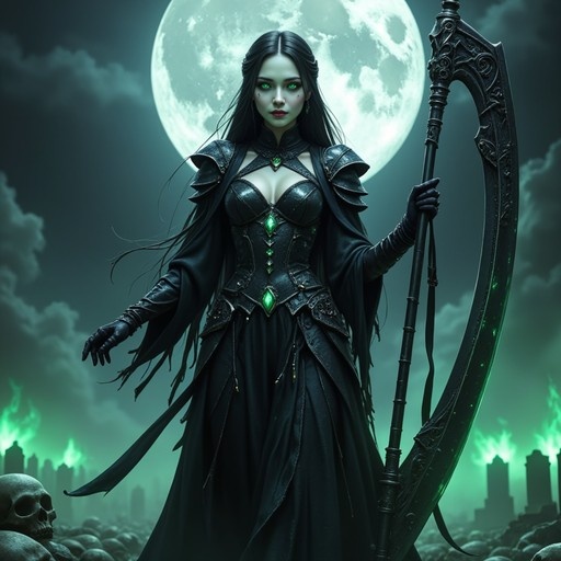 A pale gothic woman with glowing green eyes and long black hair stands holding an ornate scythe, wearing black armor with green gems, set against a large full moon and a skull-filled graveyard.