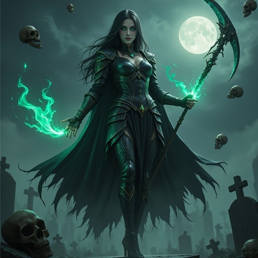 A female fantasy warrior in dark armor stands in a graveyard holding a glowing scythe and casting green magic under a full moon with floating skulls.