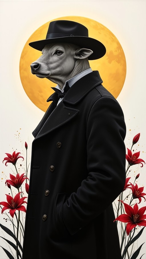 A grey anthropomorphic cow wearing a black fedora and trench coat standing in front of a large yellow moon with red lilies.
