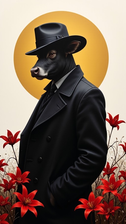 A digital illustration of a black bull standing upright in a formal black suit and fedora, hands in pockets, set against a large yellow circle with red lilies in the foreground.