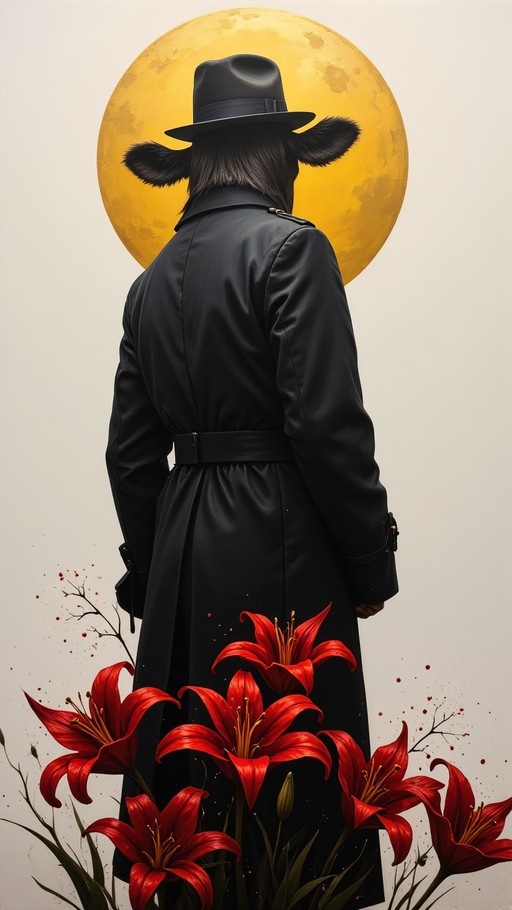 A man in a black trench coat and hat with animal ears stands facing a large golden moon, surrounded by red lilies at his feet.