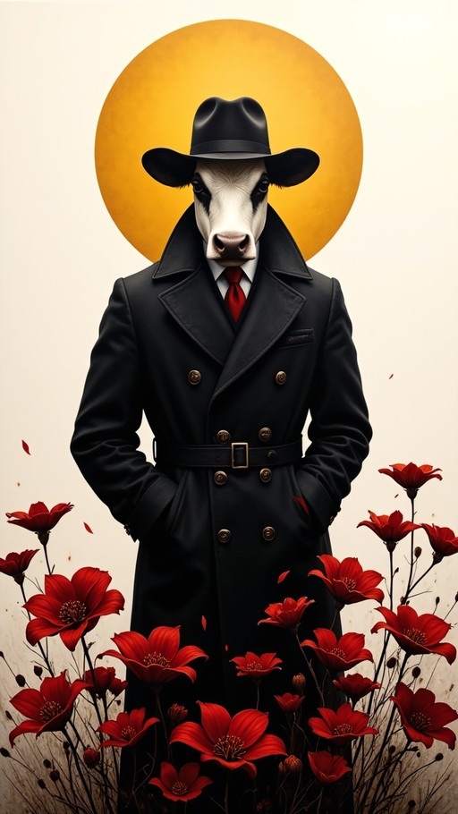 An anthropomorphic cow standing upright in a black trench coat and fedora, surrounded by red flowers with a large yellow circle behind it.