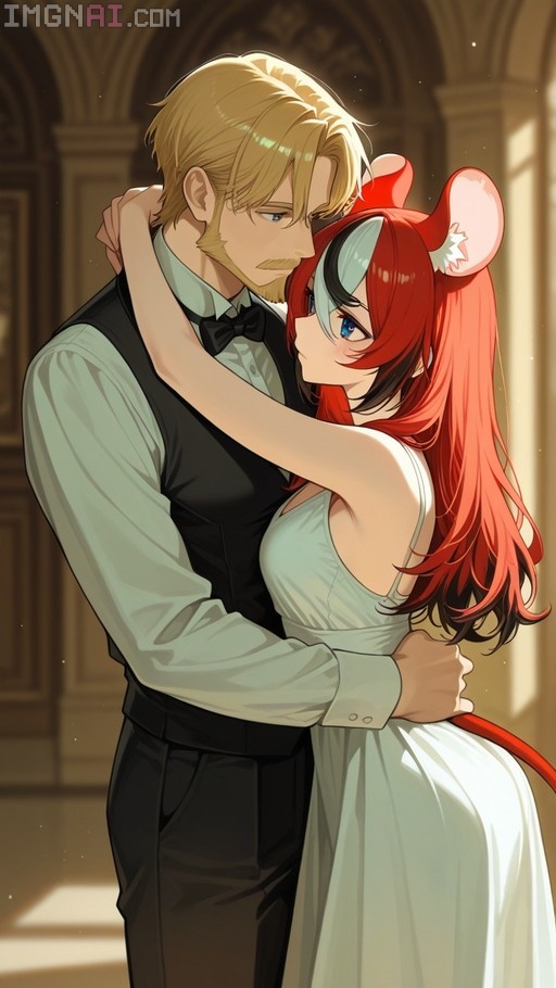 Hakos Baelz in a white dress hugging a blonde man in formal wear