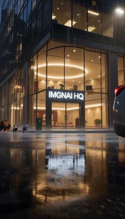 Three anthropomorphic cats in black tactical vests run through the rain outside a modern glass building labeled IMGN HQ before standing in an elevator filled with glowing blue cans and later facing a SWAT team in a lobby.
