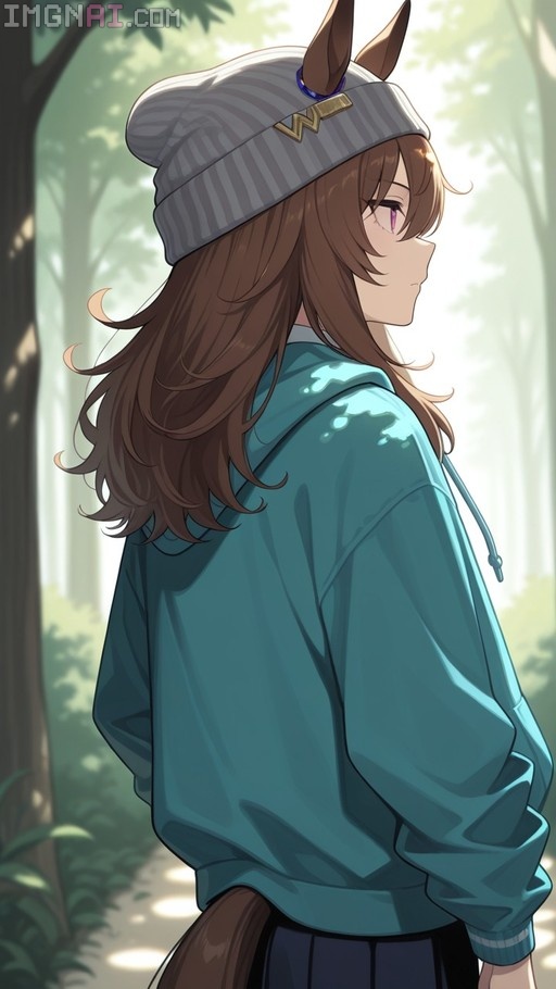 Nakayama Festa from Umamusume stands on a sunlit forest path wearing a grey beanie and teal hoodie.