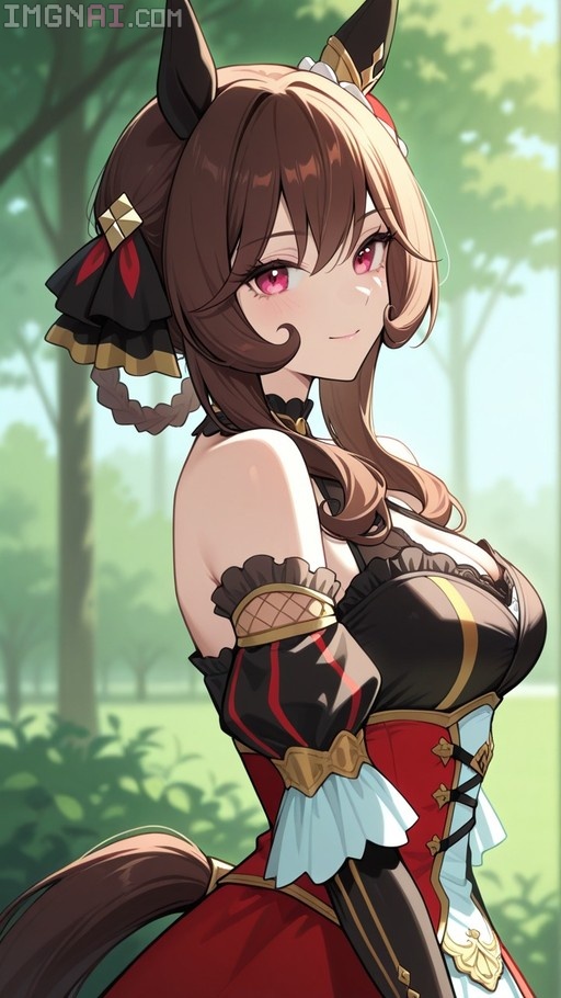 Digital illustration of Gentildonna from Uma Musume with horse ears and a red dress standing in a forest.