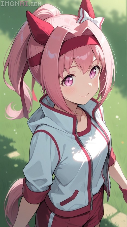 A pink-haired horse girl in a white and red track jacket smiles at the viewer against a green outdoor background.