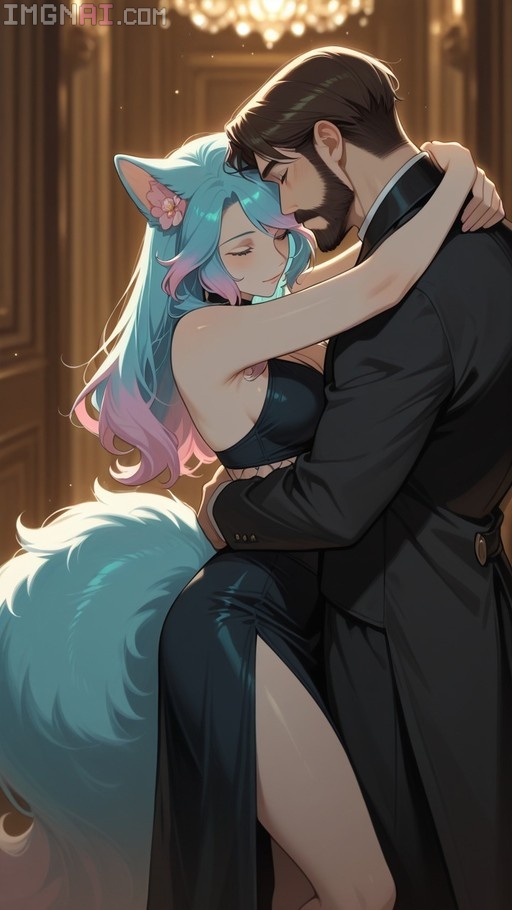 A blue and pink haired wolf girl with a large fluffy tail embraces a bearded man in a formal black suit under a glowing chandelier.