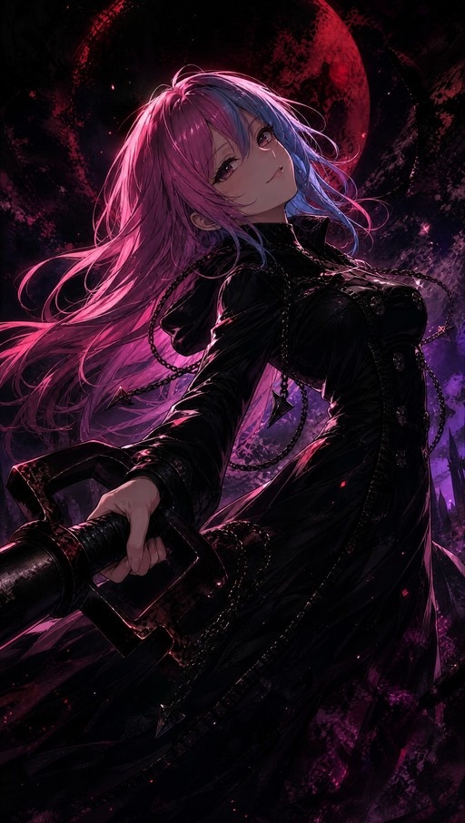 An anime-style warrior woman with long split pink and blue hair stands before a large red moon, wearing a black gothic coat with chains and holding a large sword.
