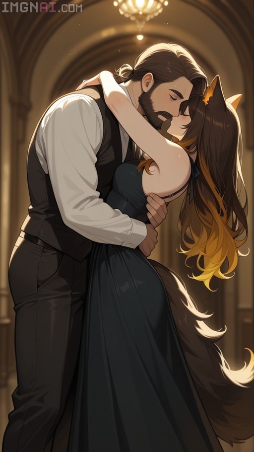 A bearded man in formal attire embraces and kisses an animal-eared woman with gradient hair in a dark dress under warm indoor lighting.