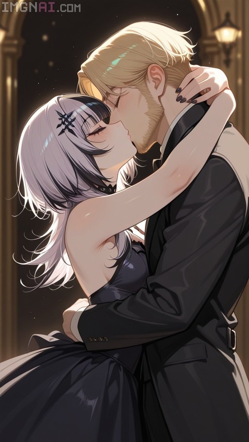 Virtual YouTuber Shiori Novella kisses a blonde man in a black suit while wearing a formal black dress.