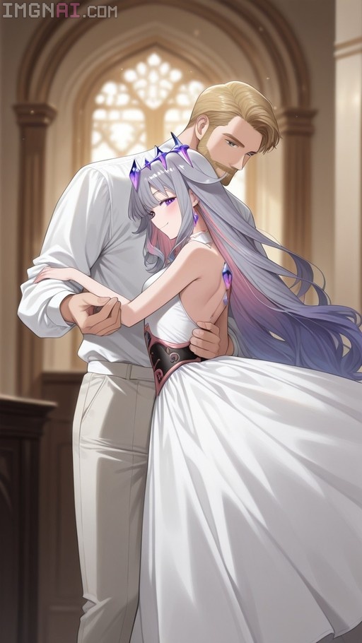 Anime-style illustration of a woman with long silver and pink hair in a white wedding dress and black corset embracing a blonde man in a white shirt inside a sunlit building.
