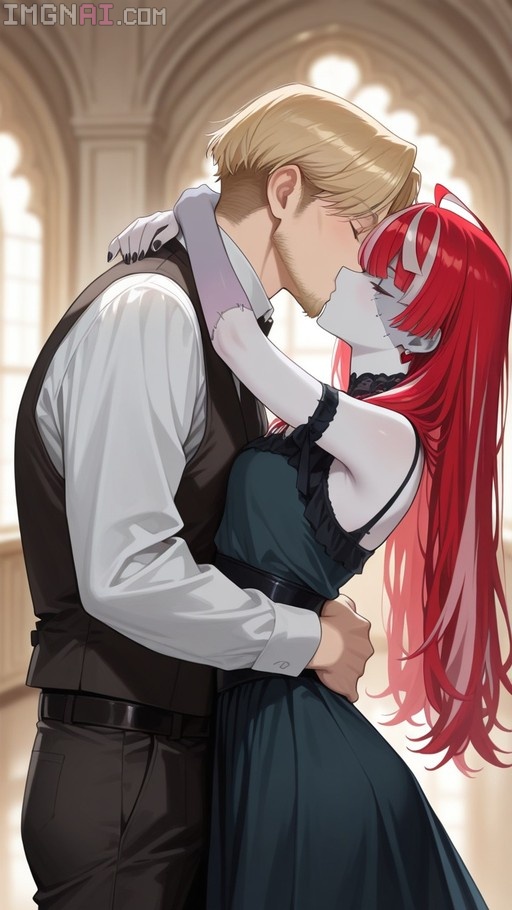 Kureiji Ollie with long red hair and facial stitches kissing a blonde man in a vest inside a cathedral.