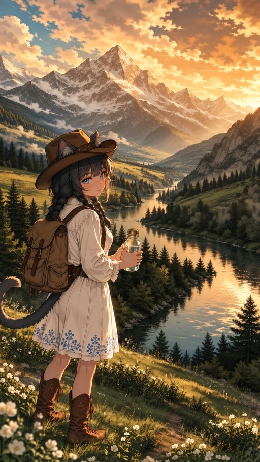 A cat girl with black twin braids and a brown hat stands in a grassy field holding a bottle, looking back at a river valley and snow-capped mountains during sunset.