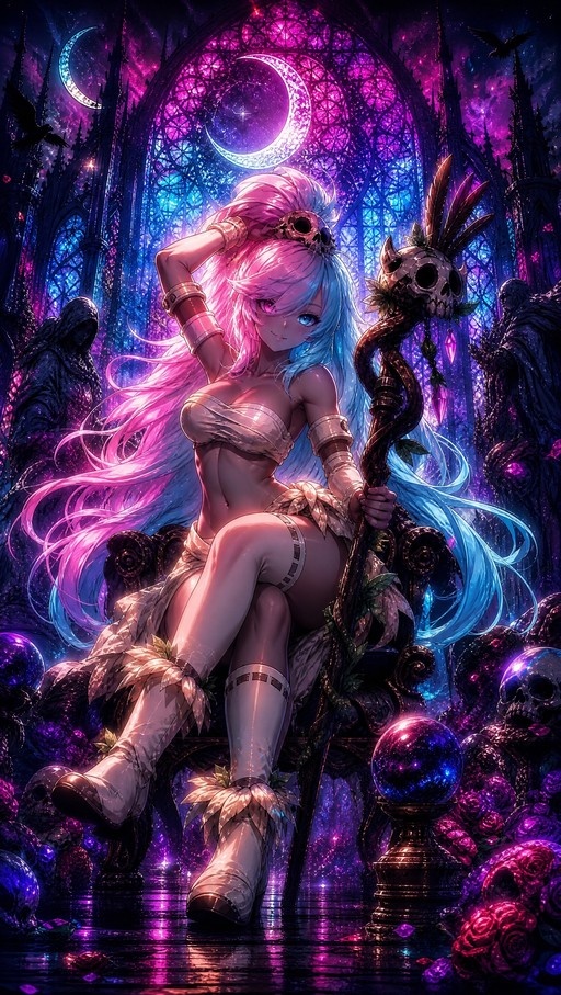 A young woman with split pink and blue hair sits on a dark throne holding a skull-topped staff, set against a vibrant purple cathedral backdrop with a crescent moon.