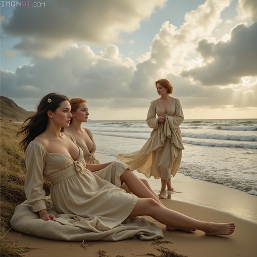 Three women in beige period dresses relaxing on a sandy beach with ocean waves and a cloudy sky