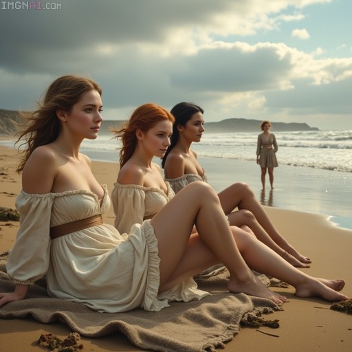 Three women in cream linen dresses sitting on a beach blanket with one standing in the background near the ocean.