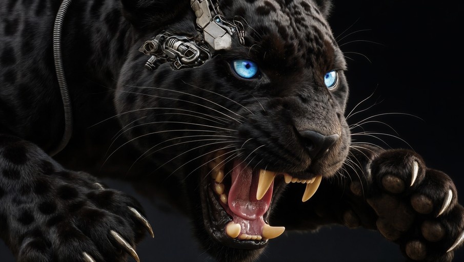Close-up of a realistic black panther with mechanical implants on its head, baring fangs and claws with bright blue eyes.
