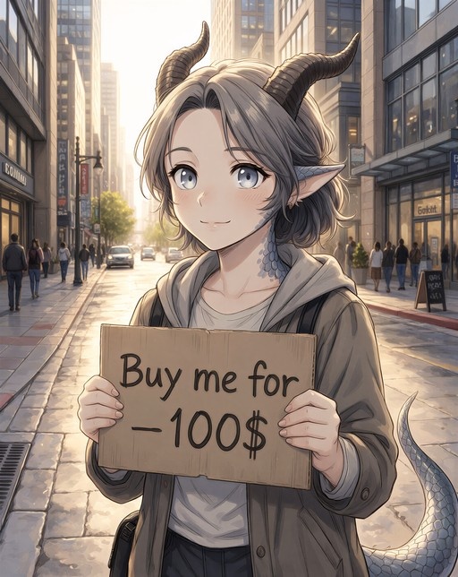 Anime-style dragon girl with grey hair and horns holding a cardboard sign on a city street.