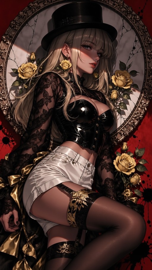 Blonde anime woman wearing a black top hat, shiny corset, and white shorts poses among yellow roses in front of an ornate oval mirror.