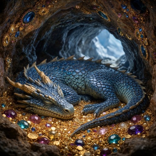 Blue dragon with golden horns sleeping on a pile of gold coins and colorful gemstones inside a cave.