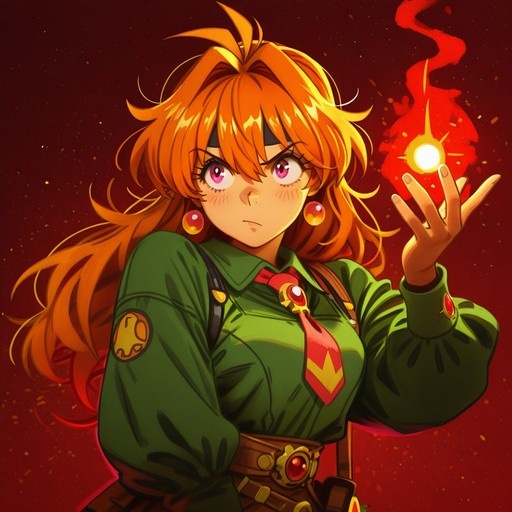Lina Inverse from Slayers holding a glowing red fireball in her hand against a dark red background.