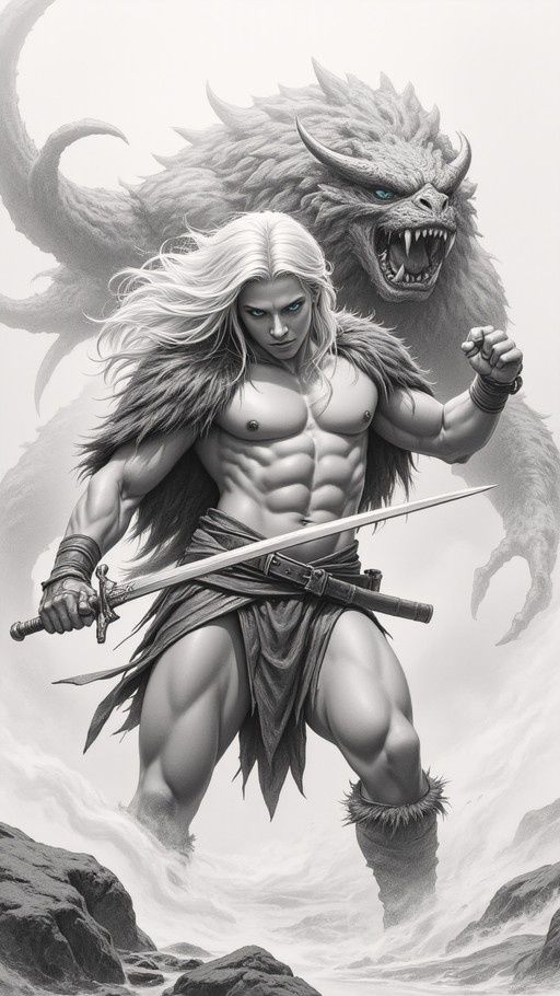 A black and white illustration of a muscular warrior with long white hair and blue eyes holding a sword, standing in front of a roaring dragon.