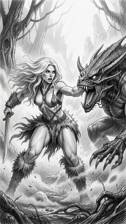Greyscale illustration of a muscular blonde warrior in fur armor holding a sword while shoving a roaring dragon's snout, featuring spot color on her blue eyes.