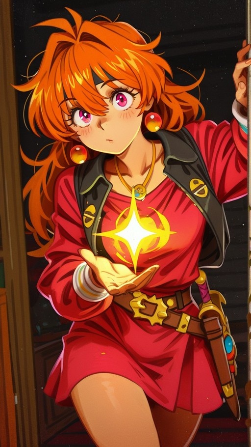 Lina Inverse with spiky orange hair and a red dress holding a glowing yellow star in her hand.
