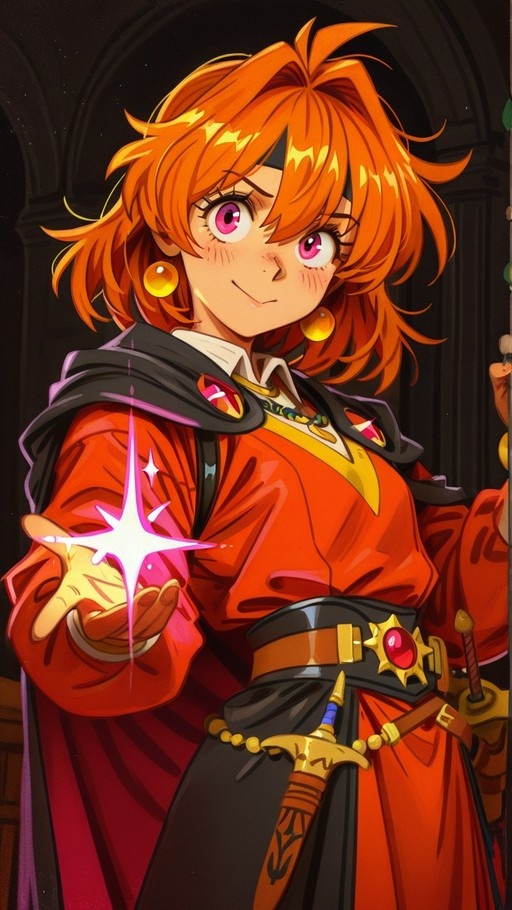 Lina Inverse from Slayers with orange hair and pink eyes, wearing an orange dress and black cape, holding out her hand to cast a glowing magical spell.