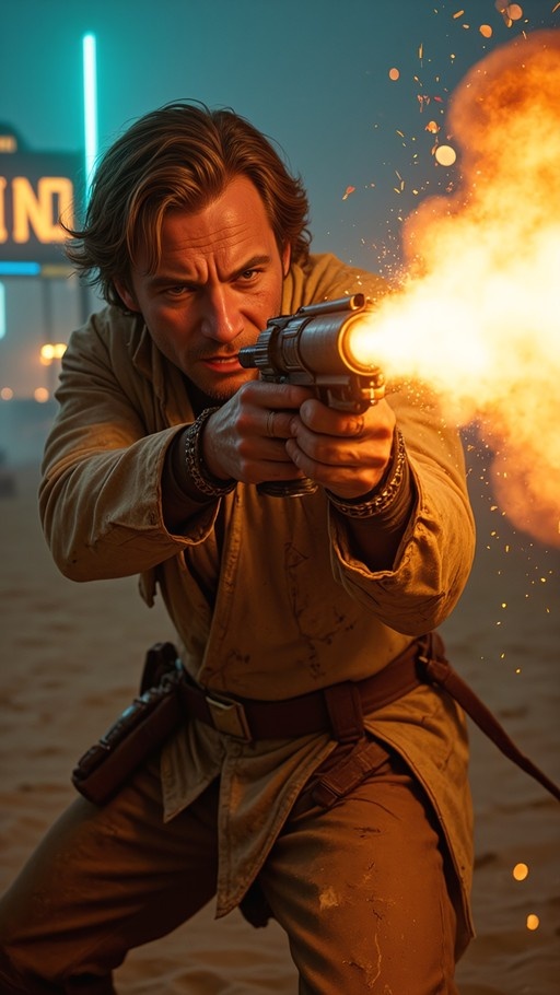 A man in a tan tunic fires a futuristic pistol with a large muzzle flash in a sandy area with neon lights.