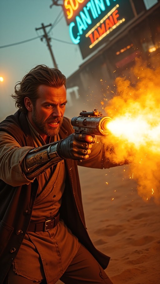 A bearded man with a metallic prosthetic arm fires a large blaster pistol in a dusty street with a neon sign in the background.
