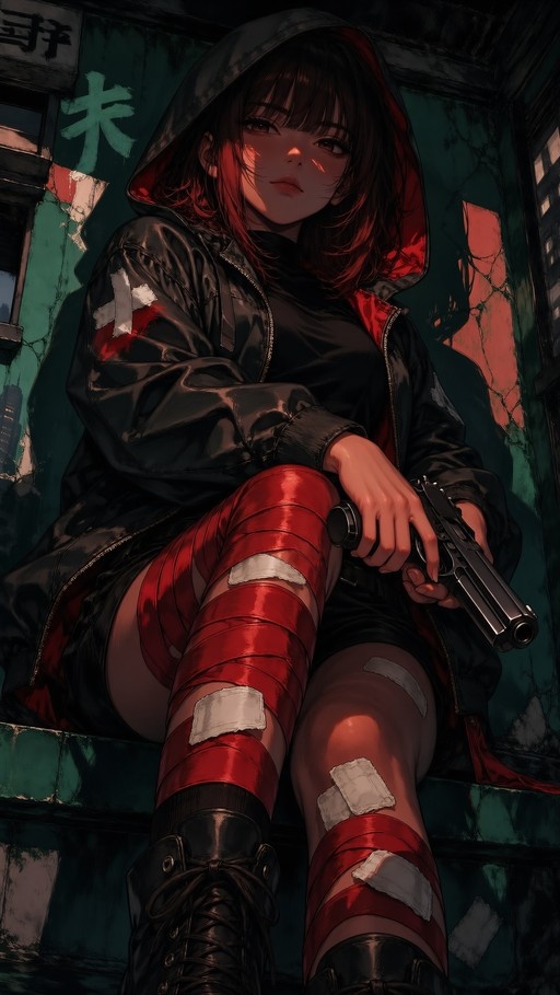 Moody anime girl in black hooded jacket holding a pistol while sitting in an urban ruin