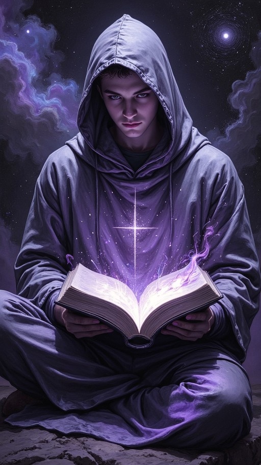 A young man in a purple hooded robe sits cross-legged holding an open book that emits bright light and magic particles against a starry night sky background.